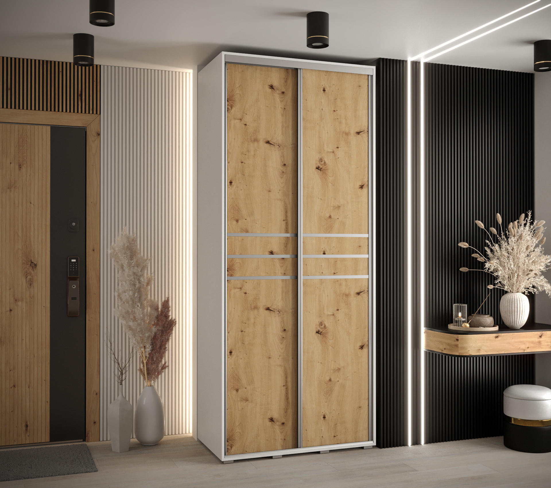 SCHWEBETÜRENSCHRANK 235,2/120/60 2-türig - Silberfarben/Eiche Artisan, Holz/Metall (120/235/60cm) - Abiks Möbel