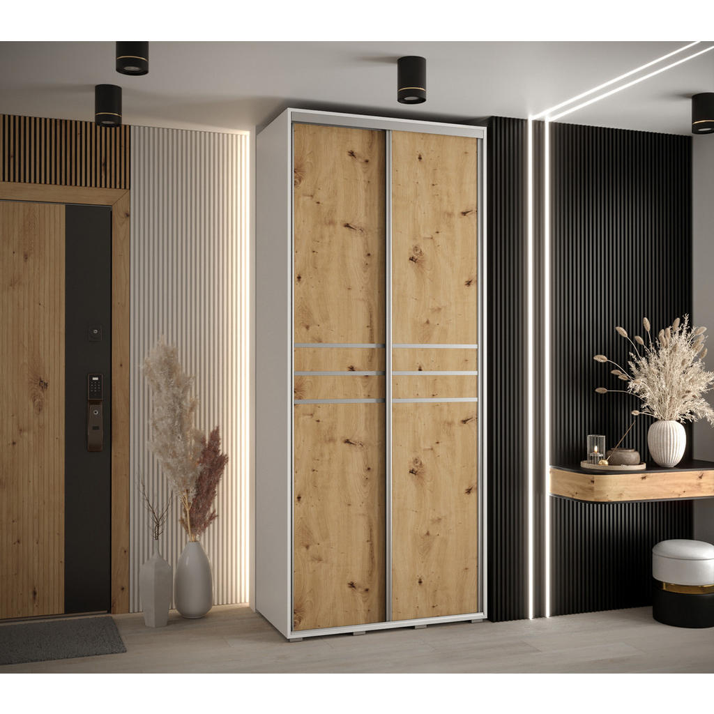 Thumbnail - Abiks Möbel Schwebetürenschrank, Weiß, Eiche Artisan, Silber, Metall, Nachbildung, 6 Fächer, 100x235x60 cm, Schlafzimmer...