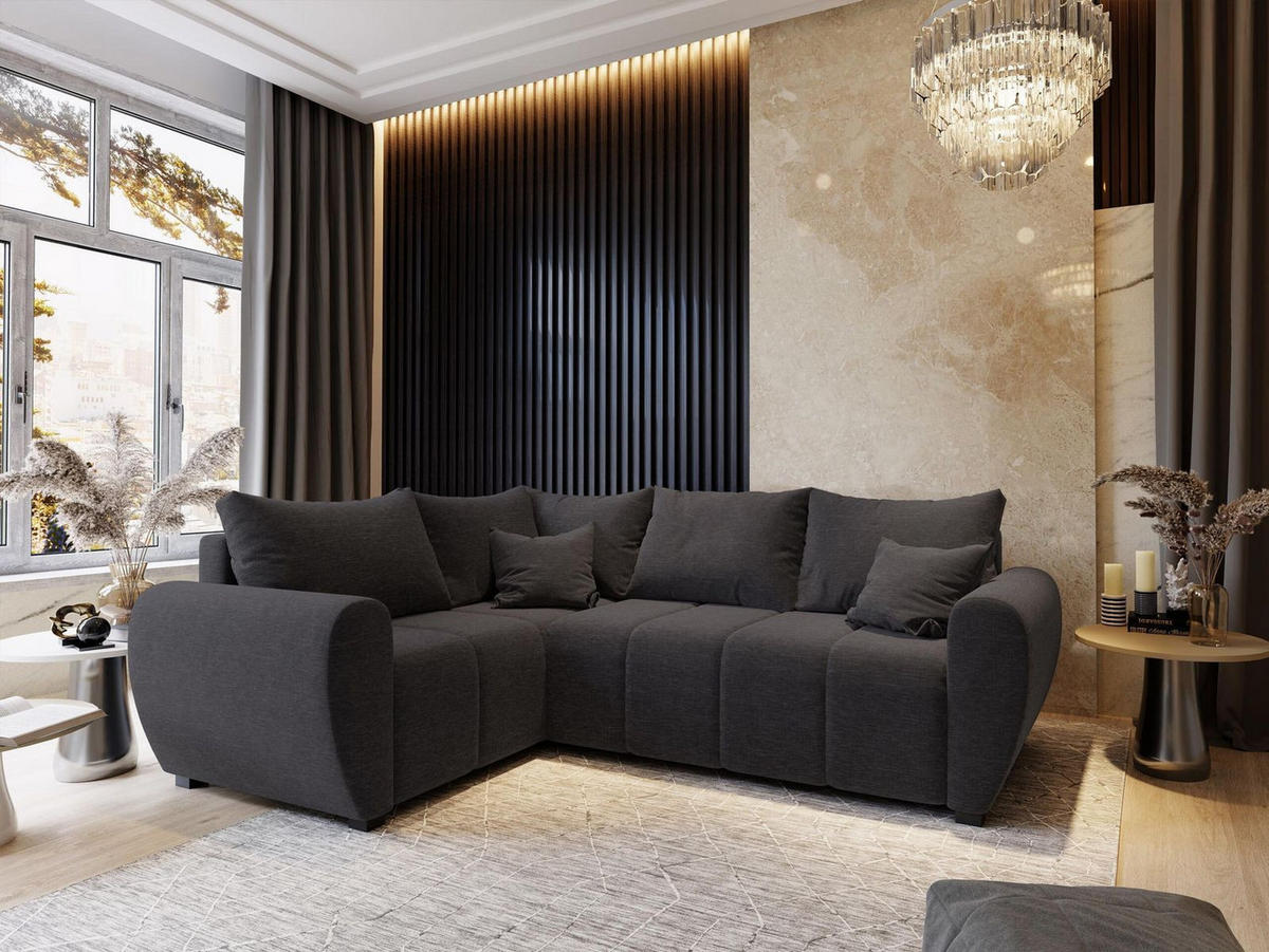 ECKSOFA MADISON L L-S Grau Dünner Stoff mit Schlaffunktion - Grau, Holz (235/175cm) - MASSENO