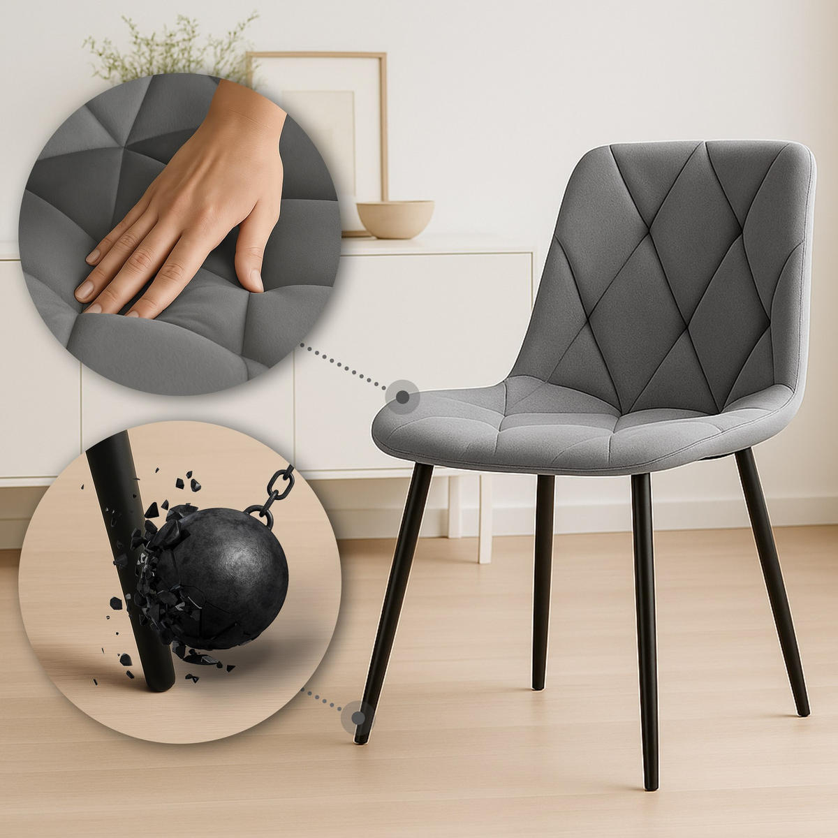 STUHL 2er Set Samt Dunkelgrau - Dunkelgrau/Schwarz, Textil/Metall (45/85/55cm) - CLP