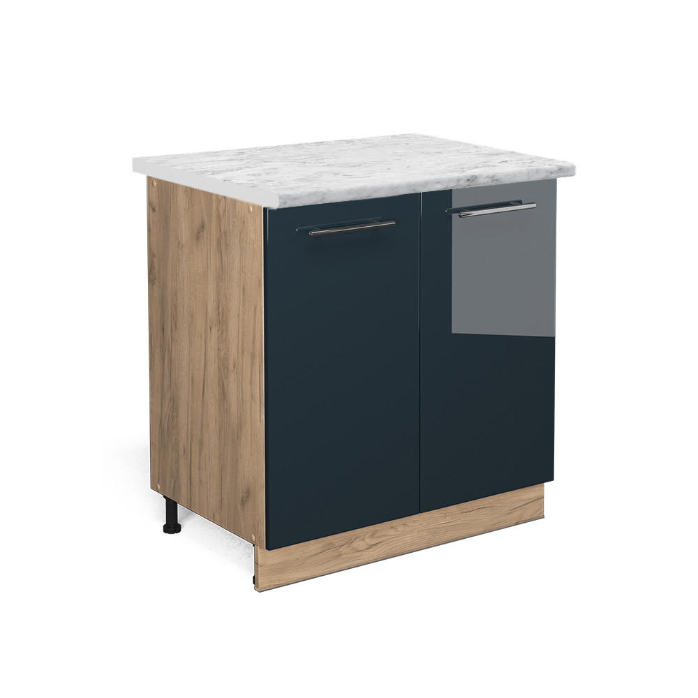 KÜCHENUNTERSCHRANK Fame-Line Dunkelblau Hochglanz 80 cm mit Regal, AP Marmor - Eiche Wotan/Dunkelblau, Holzwerkstoff (80/82/60cm) - Vicco