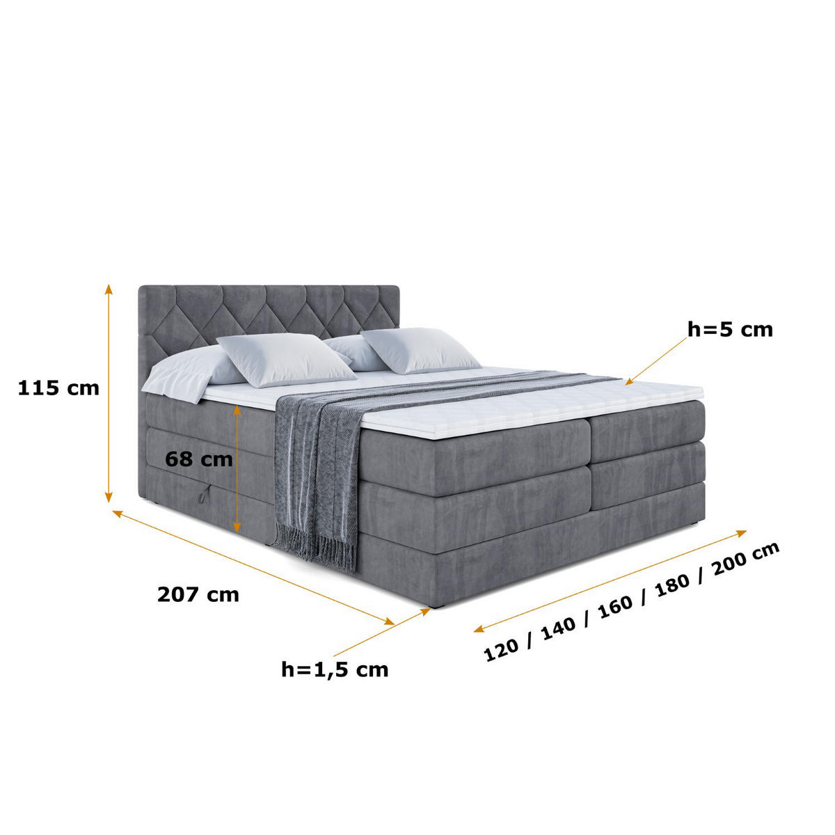 BOXSPRINGBETT CATOR KING - 160x200 - H3/H4 - Dunkelgrau - Dunkelgrau, Holzwerkstoff (160/200cm) - ALTDECOR