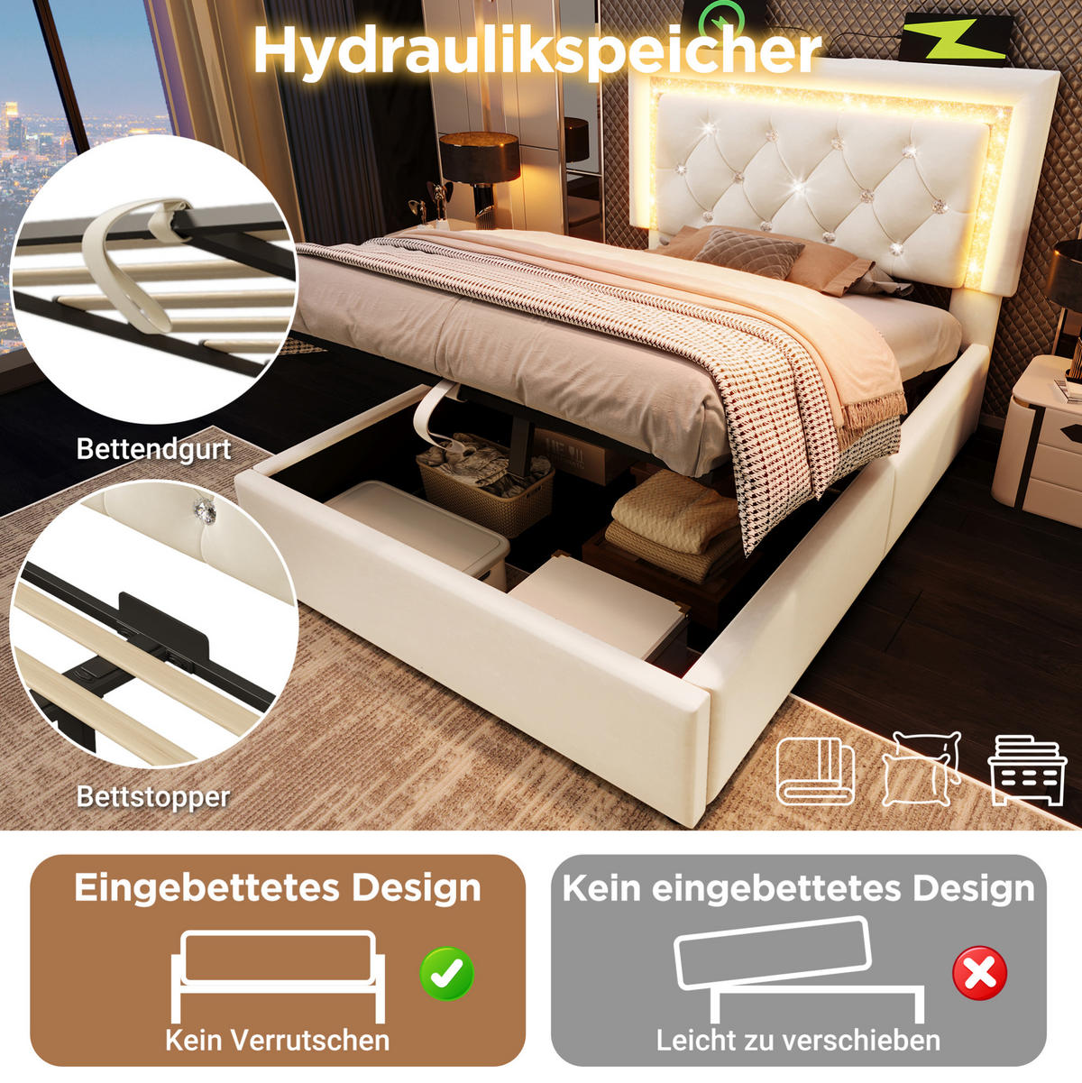 SAMT-POLSTERBETT 90/200 cm mit LED-Beleuchtung, Bettkasten und USB/Type-C - Beige, Textil (90/200cm) - BEAOK