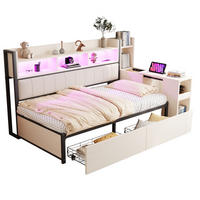 MULTIFUNKTIONSBETT aus Metall und Holz 90x200 cm Weiß/Holzfarbe mit Schreibtisch, Steckdosen, LED und viel Stauraum - Weiß, Metall (90/200cm) - Modfu
