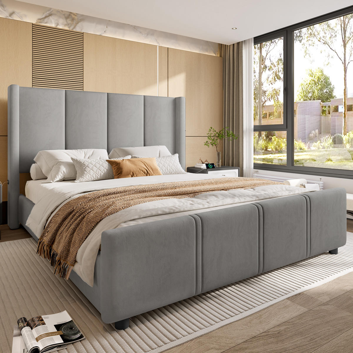 POLSTERBETT 160/200 cm grau mit USB-Anschluss und hohem Kopfteil - Dunkelgrau, Textil (160/200cm) - OKWISH