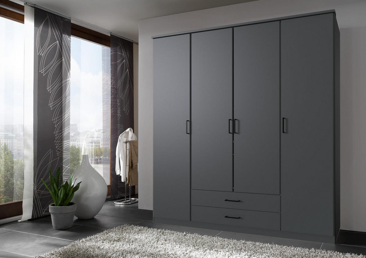 DREHTÜRENSCHRANK Stolpen in Grafit stilvoll mit Griffen in Schwarz 180 x 199 x 58 cm, BxHxT Kleiderschrank 4 türig - Grau, Holzwerkstoff (80/200/120cm)