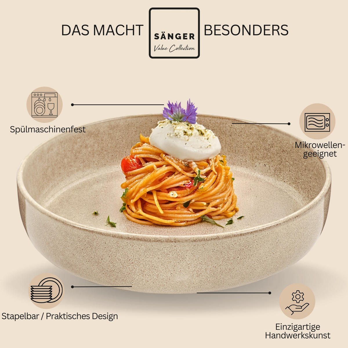 PASTASCHALEN SET KAIRO MOCHA - 4 teilig aus Steingut - Beige, Keramik (26.5cm) - Sänger