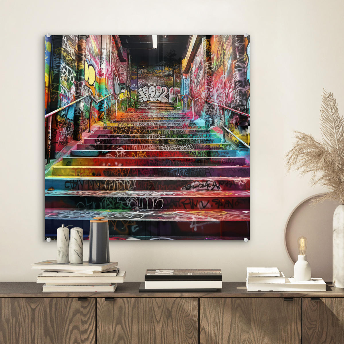 ACRYLGLASBILD Treppe - Graffiti - Farben - Kunst 50x50 cm - Multicolor, Glas (50/50cm) - MuchoWow