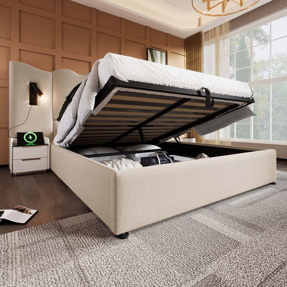 POLSTERBETT 160x200cm Doppelbett Leselampe USB-C Stauraum Beige Leinen - Beige, Holz - FLIEKS