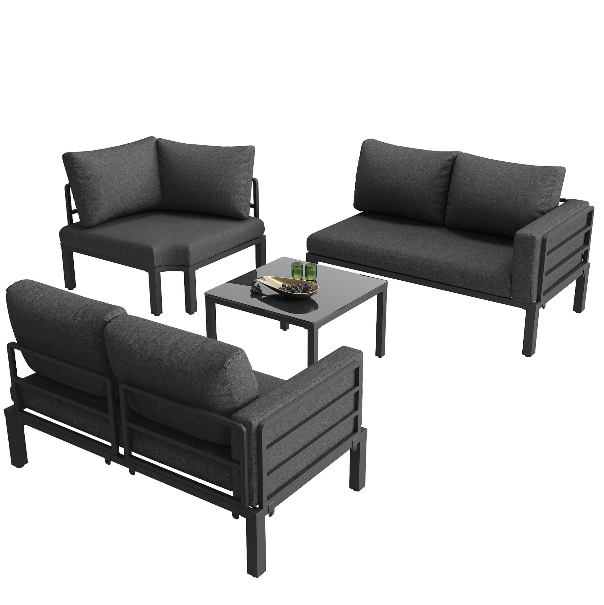 GARTENMÖBEL-SET 114/60/70,5 cm grau aus Eisen mit Glastisch und Kissen - Grau, Metall - OKWISH