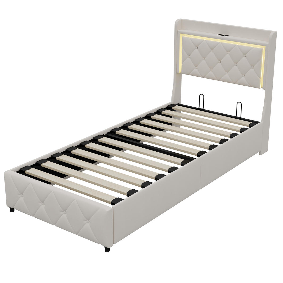 POLSTERBETT 90x200 cm LED Bettkasten USB Samt beige - Beige, Holz (90/200cm) - LEBENLANG