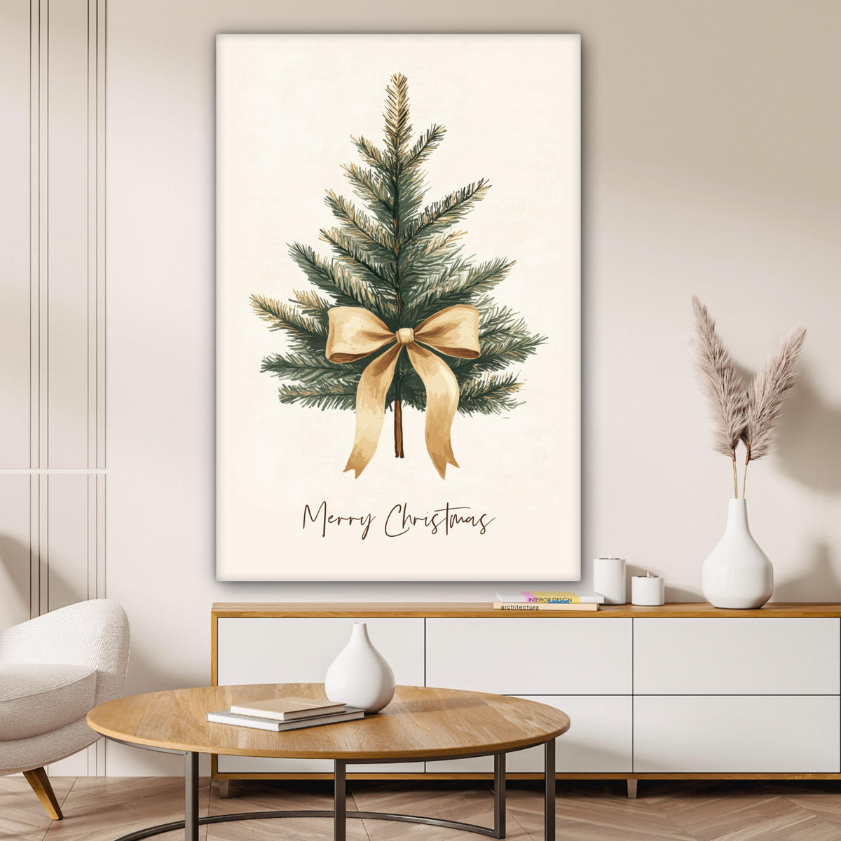 LEINWANDBILD Weihnachtsbaum - Weihnachten - Frohe Weihnachten - Beige 90x140 cm - Sandfarben, Textil (90/140cm) - MuchoWow