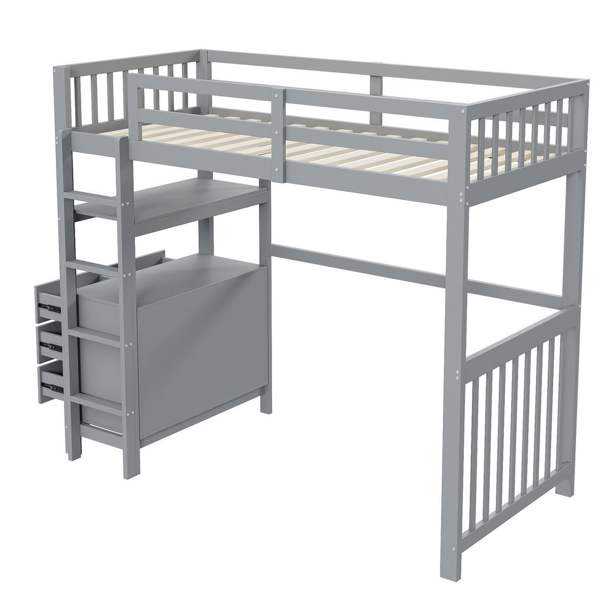 HOCHBETT aus Kiefernholz 90x200 cm Grau mit Sicherheitsleiter, 6 Schubladen und Regalen - Grau, Holzwerkstoff (140/190cm) - Modfu