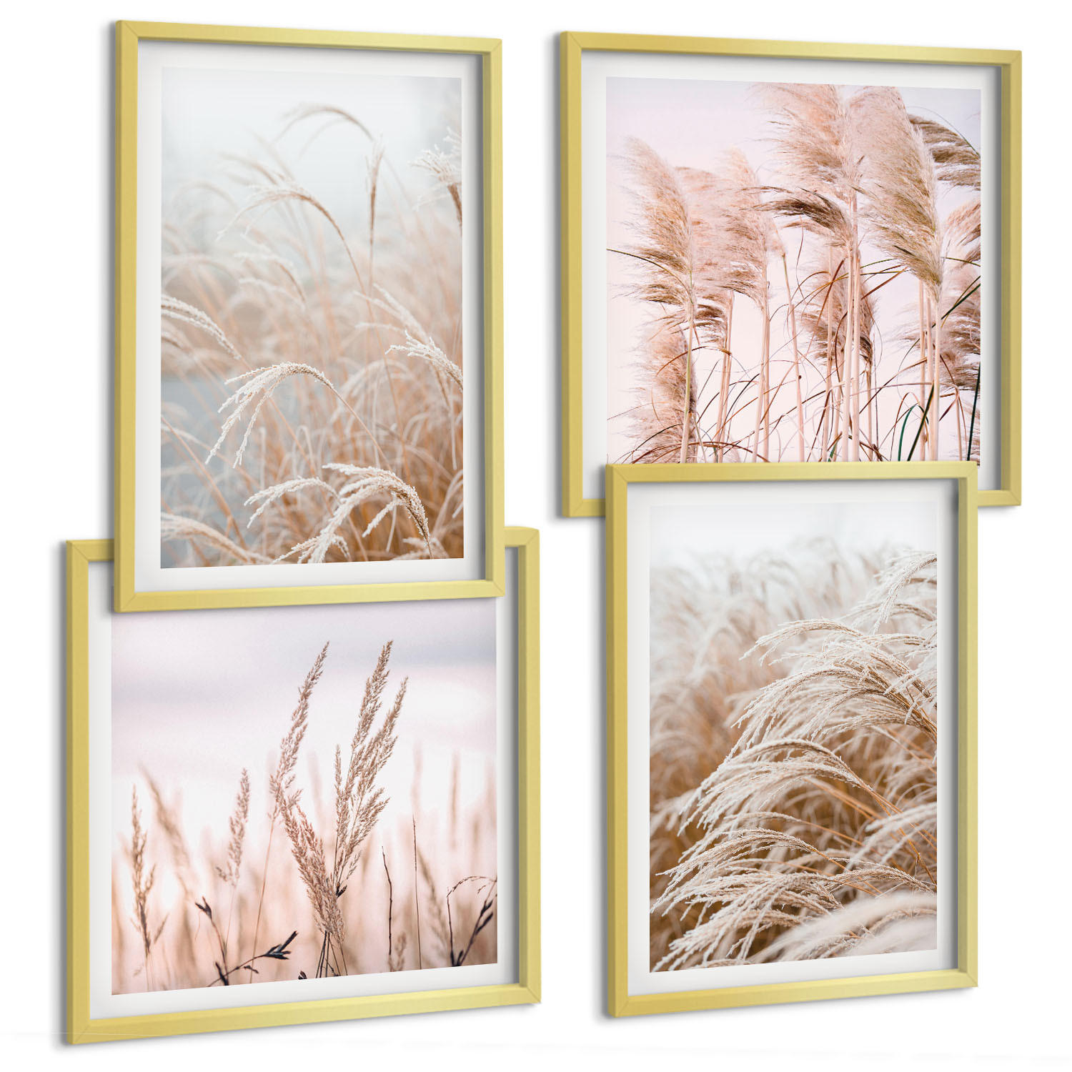 BILDER SET 4er Set - 50x50 cm & 40x60 cm Goldrahmen - Grasfelder in Braun- und Beigetönen - Goldfarben, Kunststoff (50/50cm) - TULUP