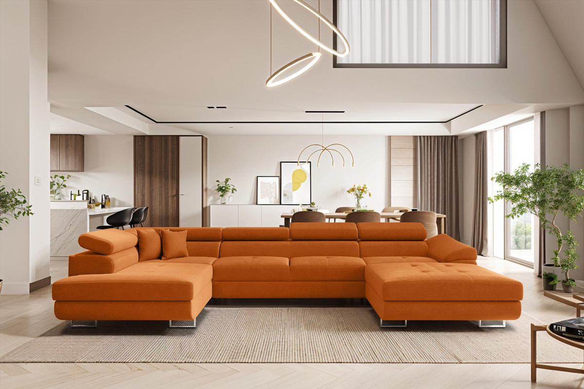 ECKSOFA Falio II U-förmiges Mit Schlaffunktion Und Verstellbaren Kopfstützen Orange Links - Orange, Holz/Textil (202/345cm) - Kaiser Möbel