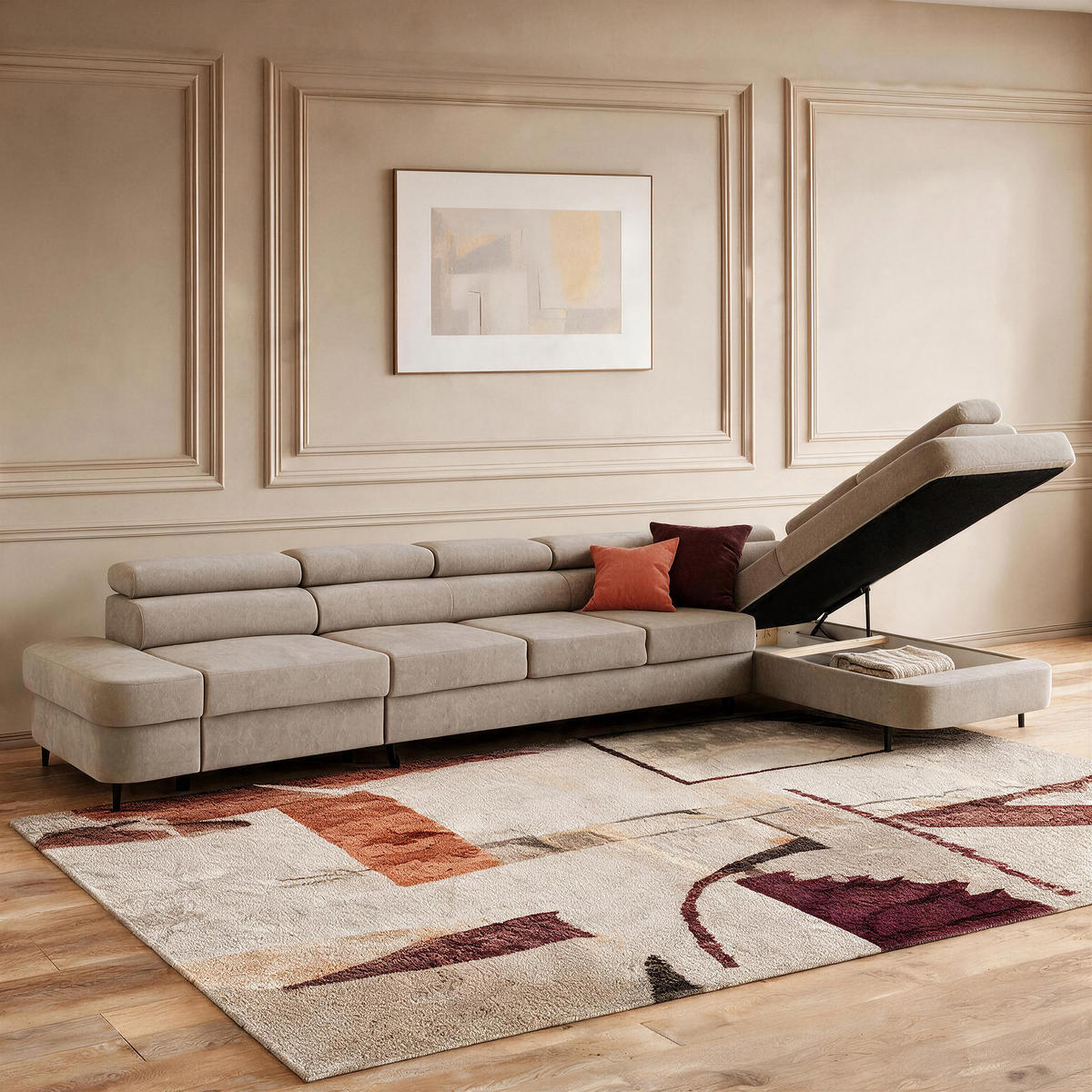 ECKSOFA PRIAM XXL L-Form Rechts mit Schlaffunktion 125x265 Velours Creme - Creme/Schwarz, Holz/Textil (420/203cm) - Muffo