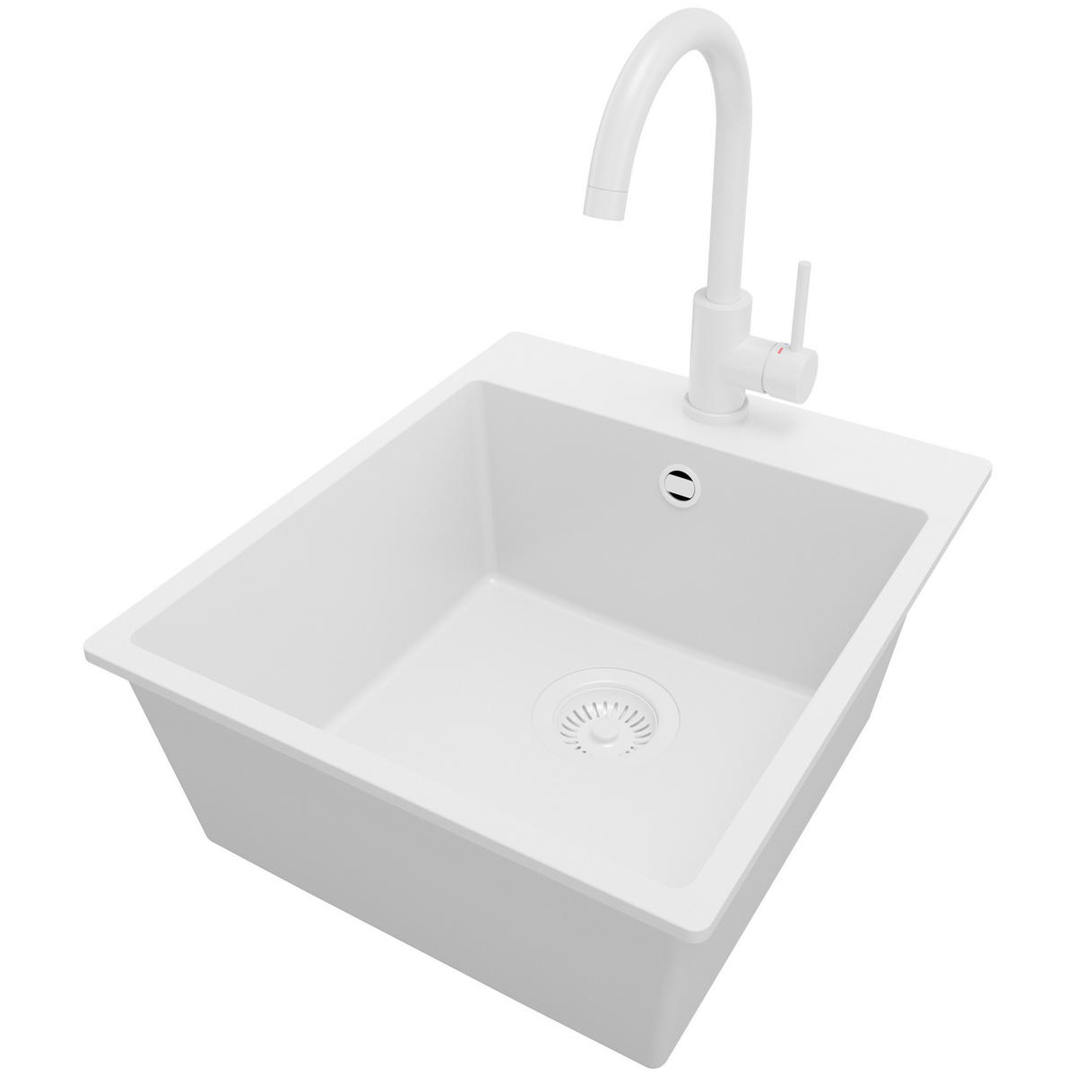 GRANITSPÜLE Riga, 2-er set Alles Weiß 43/50 cm 1 Becken + Küchenarmatur 32/20 cm + Ablauf-Set ab 45er Unterschrank - Weiß, Kunststoff (43/20/50cm) - Primagran