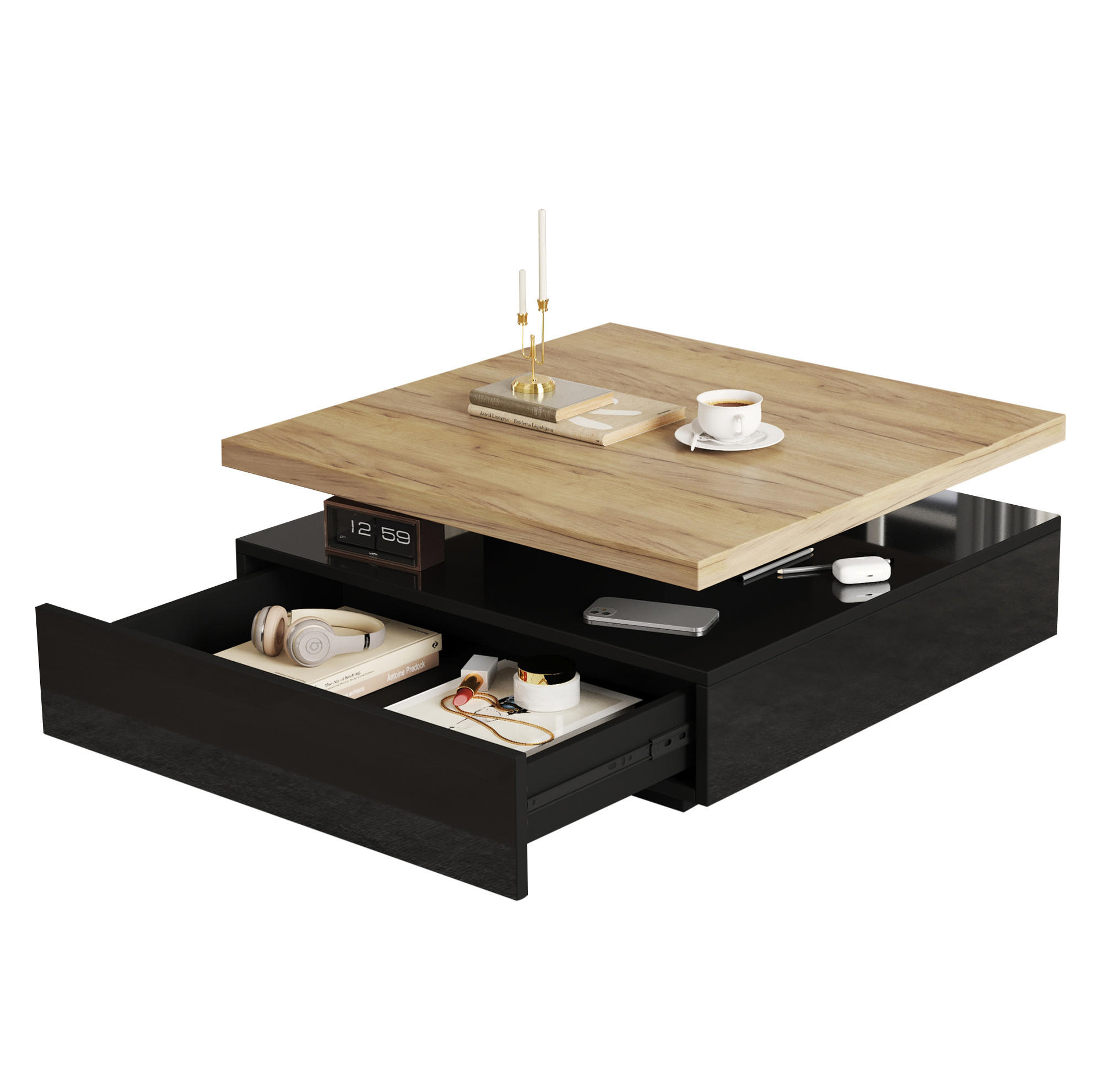 COUCHTISCH 70/70/36 cm mit 360° drehbarer Tischplatte und versteckter Schublade, Walnuss/Schwarz - Schwarz, Holzwerkstoff (70/70/36cm) - Redom