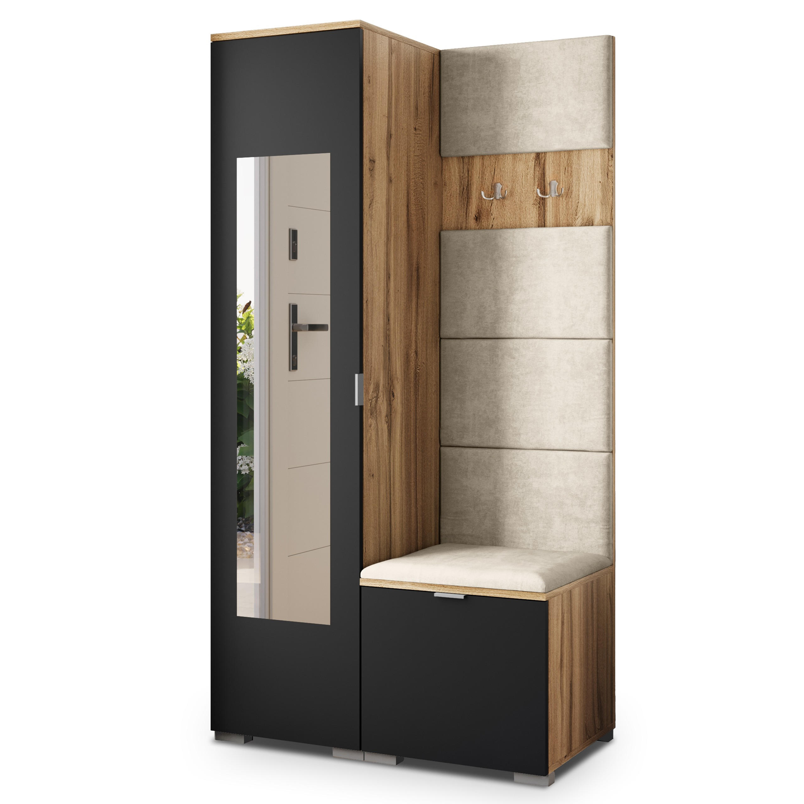 Masseno Garderobenschrank Eiche Wotan, Schwarz, Beige 95x181x51 cm