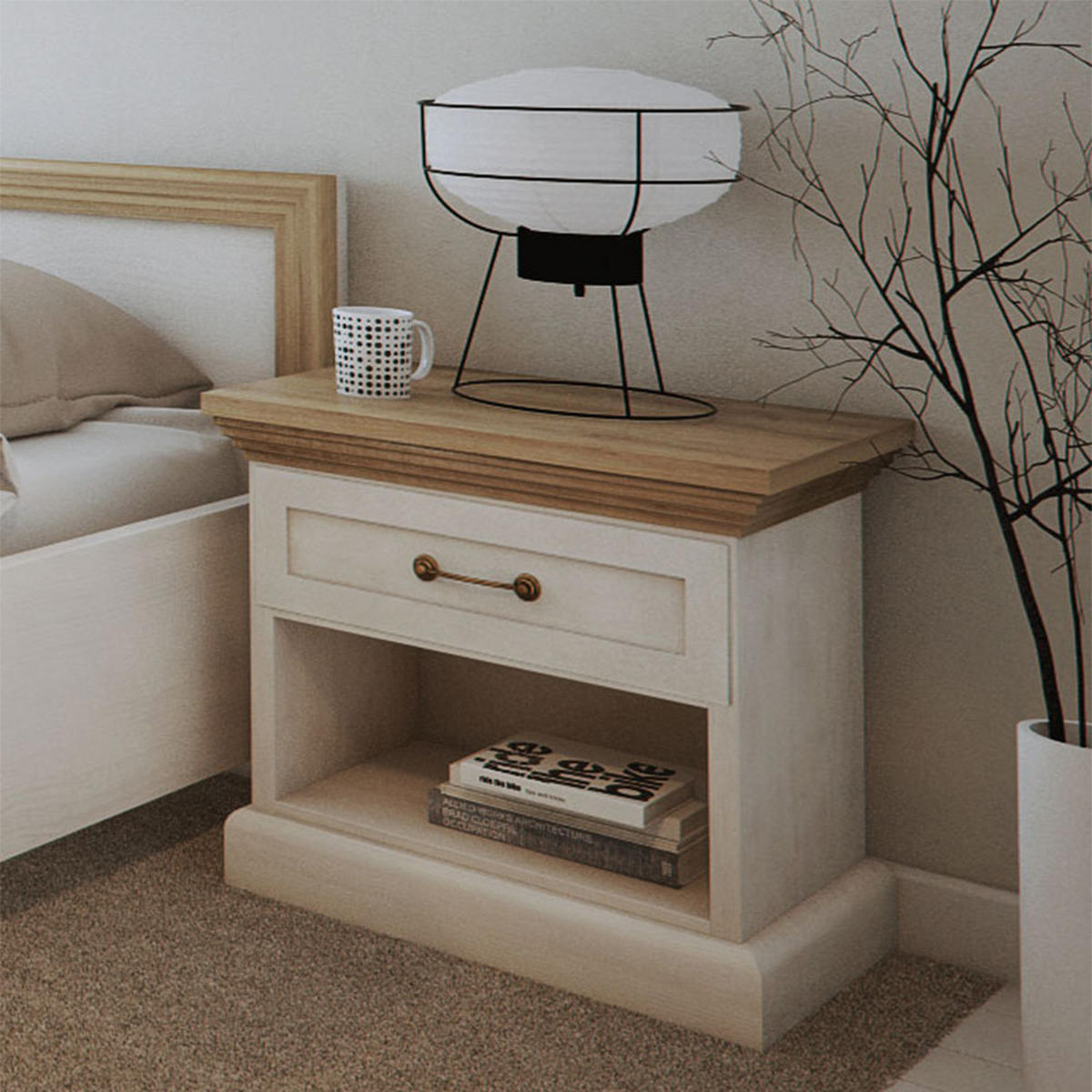 NACHTTISCH Royal Pinie skandinavisch / weiß / Wildeiche 57 / 44,8 / 51,2cm - Eichefarben/Weiß, Holz/Holzwerkstoff (57/51.2/44.8cm) - Feldmann-Wohnen