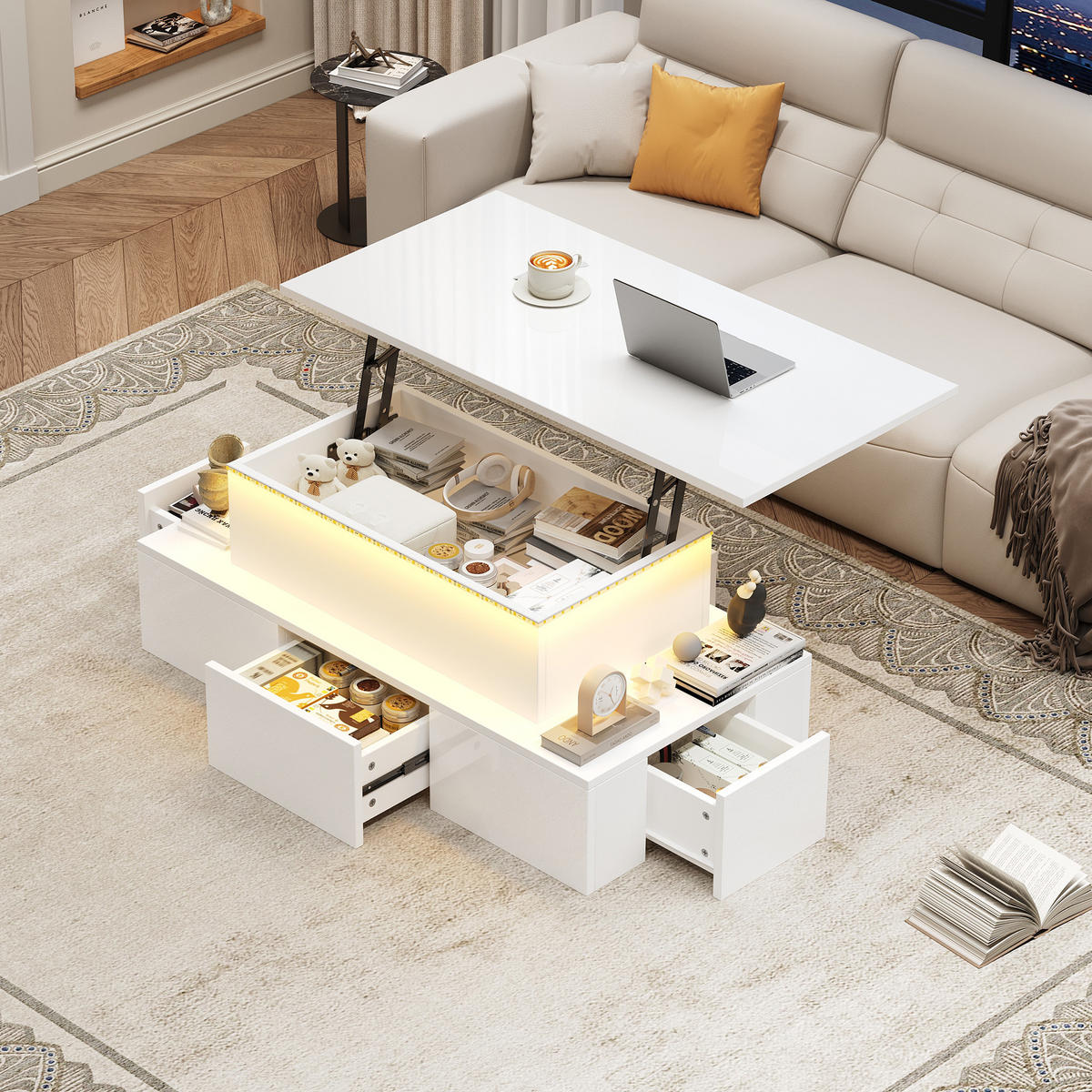 COUCHTISCH 100x50x40 cm Weiß LED Lift 4 Schubladen Stauraum - Weiß, Holzwerkstoff (100/50/40cm)