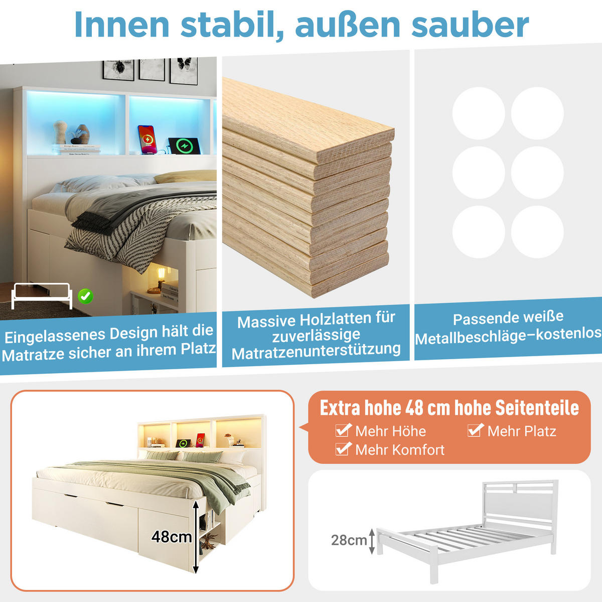 JUGENDBETT 90/200 cm in Weiß mit Schublade, LED, USB, Type-C und Nachttisch - Weiß, Holzwerkstoff (90/200cm) - STILVORA