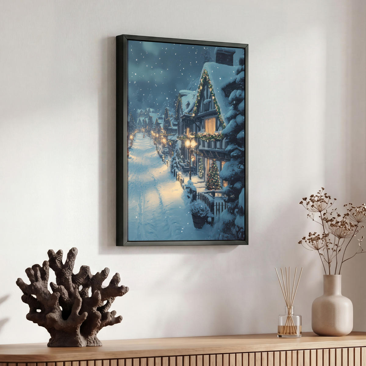 LEINWAND Bilder mit Rahmen - Weihnachtsdorf - Weihnachten - Schnee - Winter - 30x40 - Dunkelblau, Textil (30/40cm) - MuchoWow