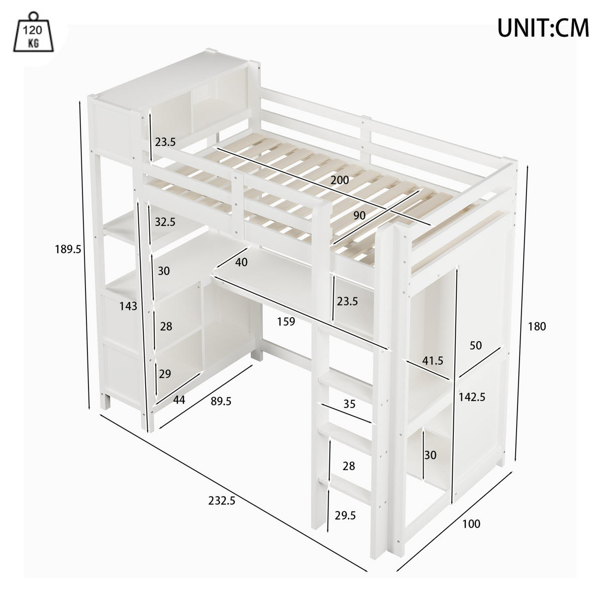 HOCHBETT 90/200 cm Weiß mit Schreibtisch, Regalen und Kleiderschrank - Weiß, Holz (90/200cm) - MIVRAY