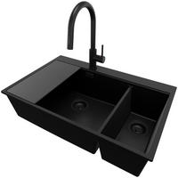 GRANITSPÜLE Oslo Duo, 2-er set Alles Schwarz 78/50 cm 2 Becken + Küchenarmatur 40/20 cm + Ablauf-Set + Schneidebrett ab 80er Unterschrank - Schwarz, Kunststoff (78/20/50cm) - Primagran