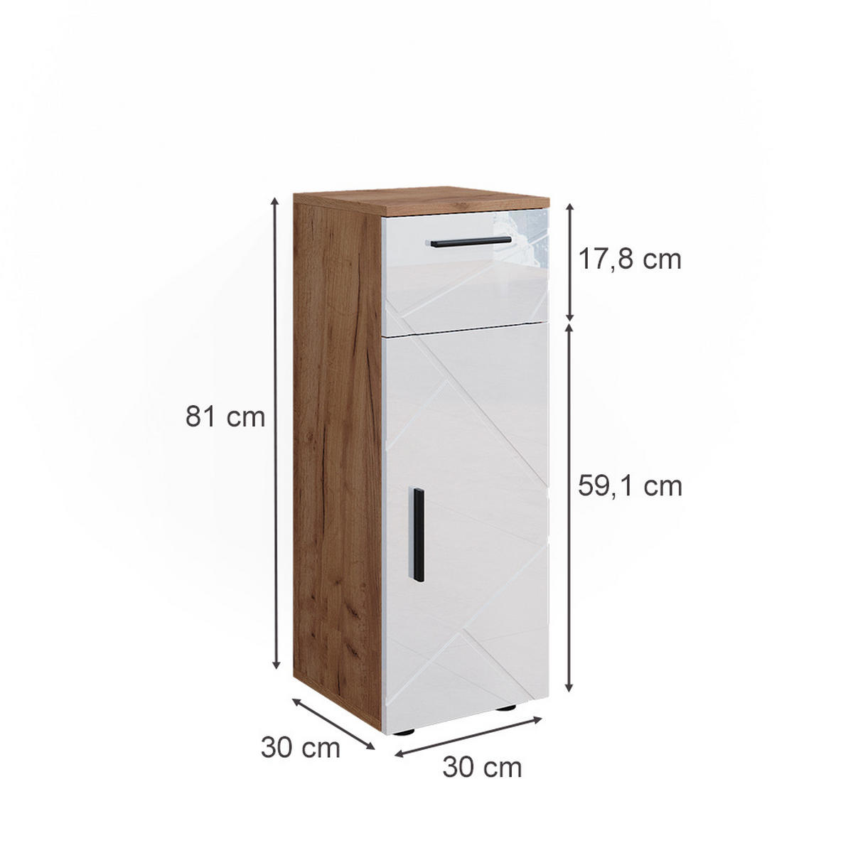 MIDISCHRANK Irma Eiche 30 x 81 cm - Weiß Hochglanz, Holzwerkstoff (30/81/30cm) - Vicco