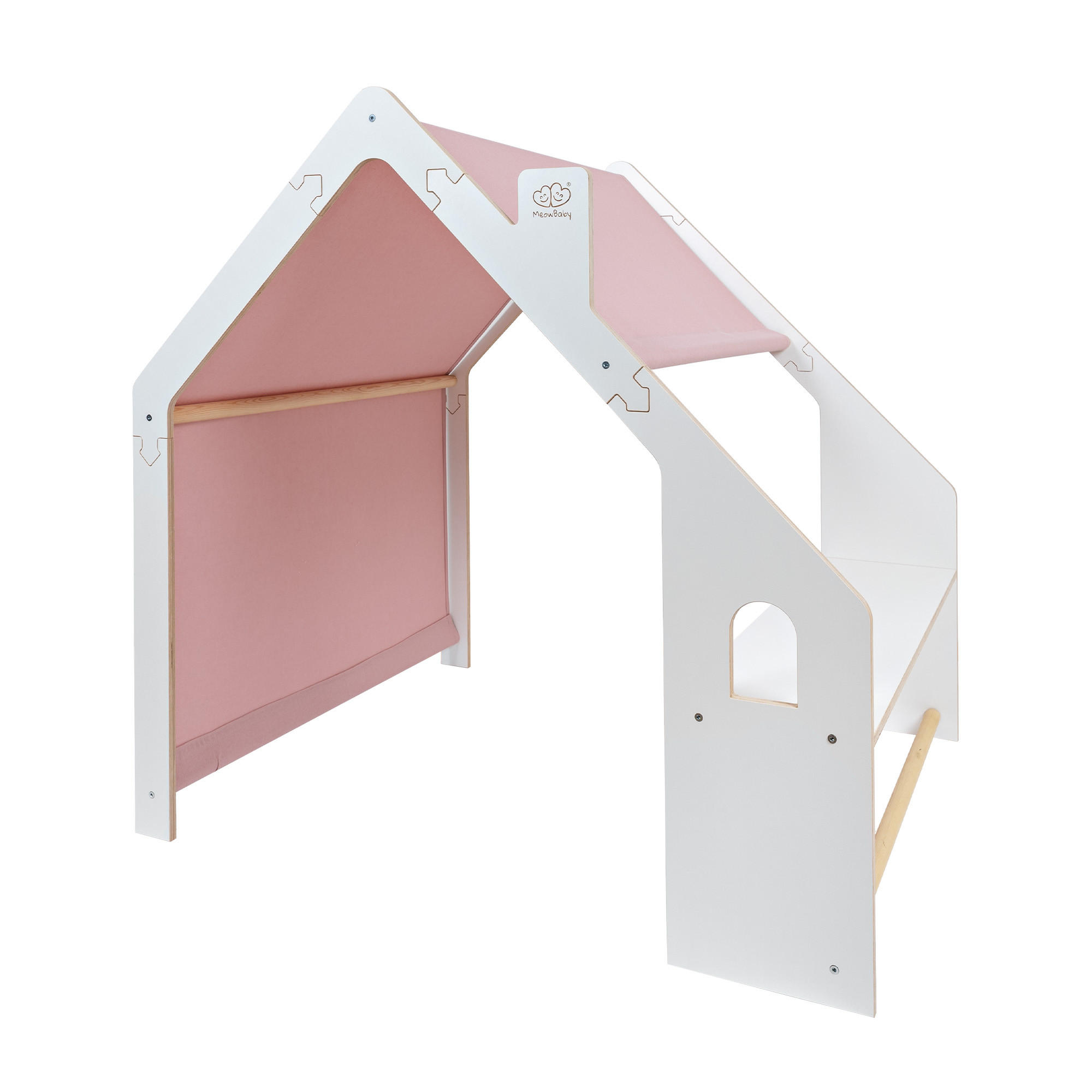 HOLZHÄUSCHEN Für Kinder mit Rosa Dach, Zarter Stoff, Spielhaus, Weiß - Pink/Weiß, Holz (110/112/98cm) - MeowBaby
