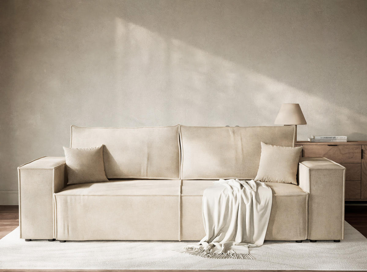 SOFA MIT SCHLAFFUNKTION Milos Beige Webstoff - Beige/Schwarz, Holz/Holzwerkstoff (255/70/105cm) - Maison de Reve