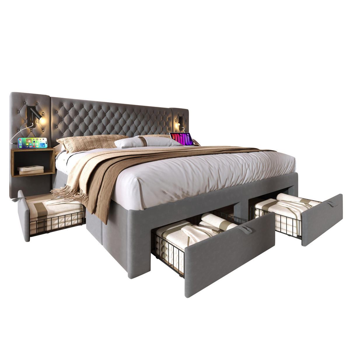 POLSTERBETT aus Samt 180x200 cm in Grau mit Leselicht & USB/Type-C - Grau, Textil (180/200cm) - Modfu