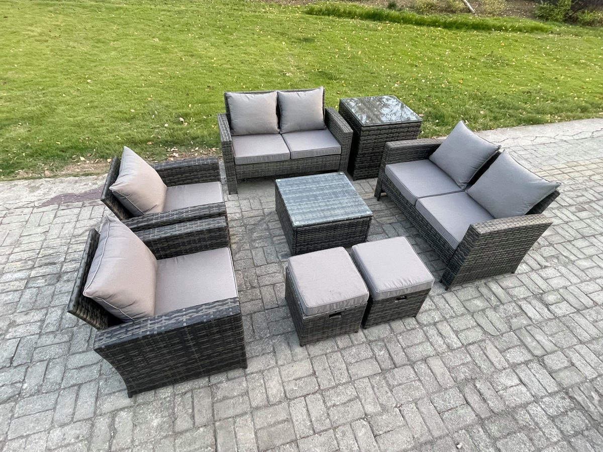 GARTENSOFA SET mit Couchtisch Polyrattan Dunkelgrau 8-Sitzer - Dunkelgrau, Metall - Fimous