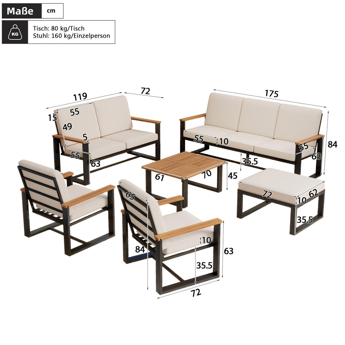 GARTENMÖBEL-SET mit 3-Sitzer, 2-Sitzer, 2 Sesseln, Couchtisch und Hocker, Akazienholz und verzinkter Stahl, Beige - Beige, Metall - Redom