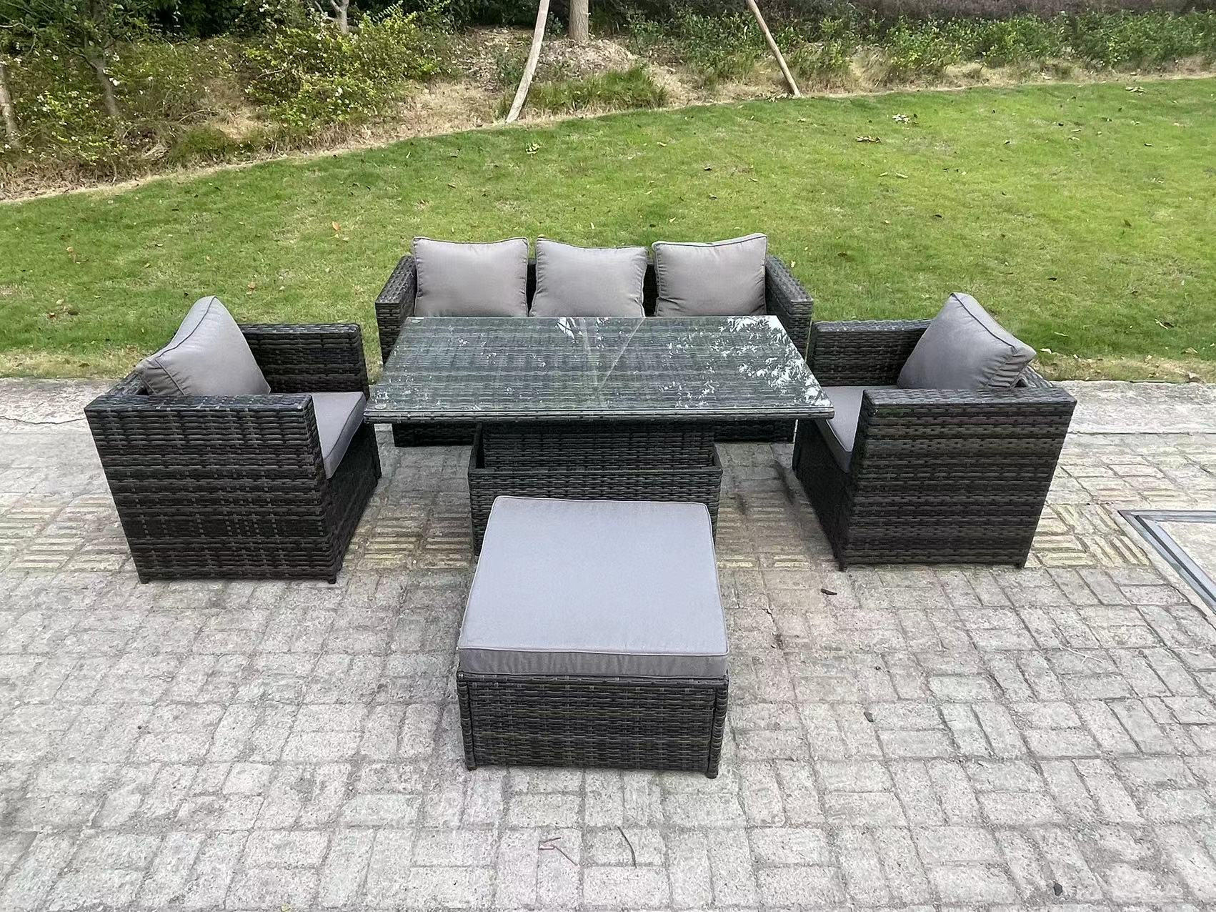 GARTENSET Polyrattan 6-Sitzer - Dunkelgrau/Grau, Glas/Kunststoff - Fimous