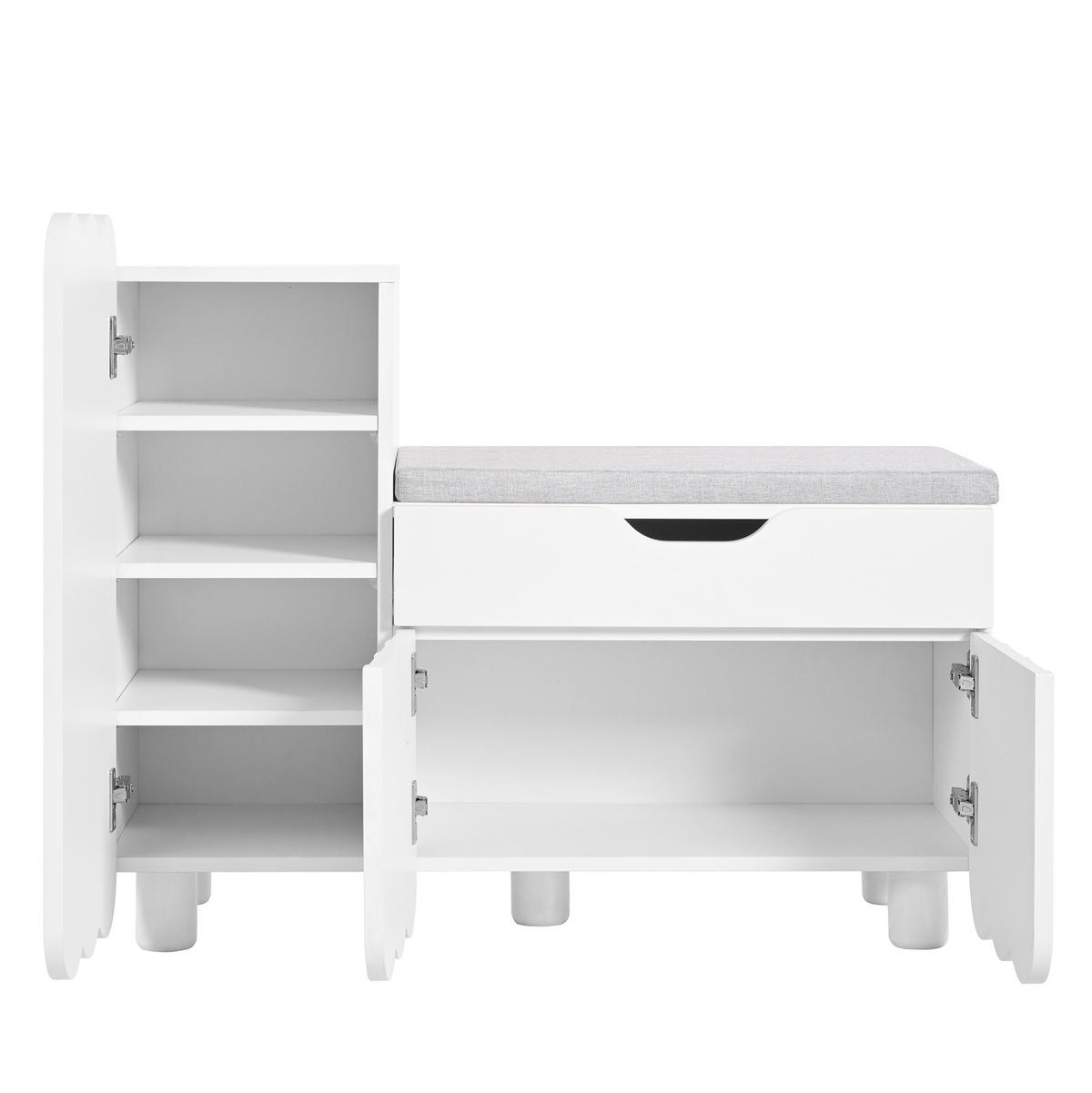 IN Weiß Schuhkommode mit 3-Türen, Schublade und Sitzpolster für Flur und Eingangsbereich, B90/T35/H74.5cm - Weiß, Holzwerkstoff/Metall (90/60.5/35cm) - STILVORA