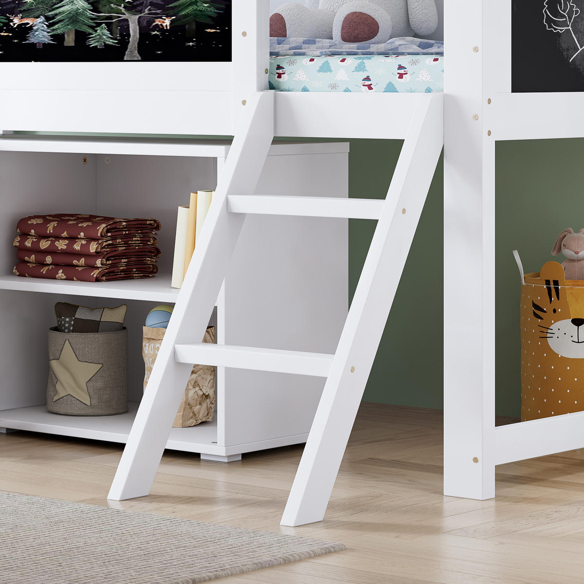HOCHBETT 90/200 cm in Weiß & Schwarz mit Schrank, Tafel und Schrägleiter - Weiß, Holz/Holzwerkstoff (90/200cm) - CHICFURN