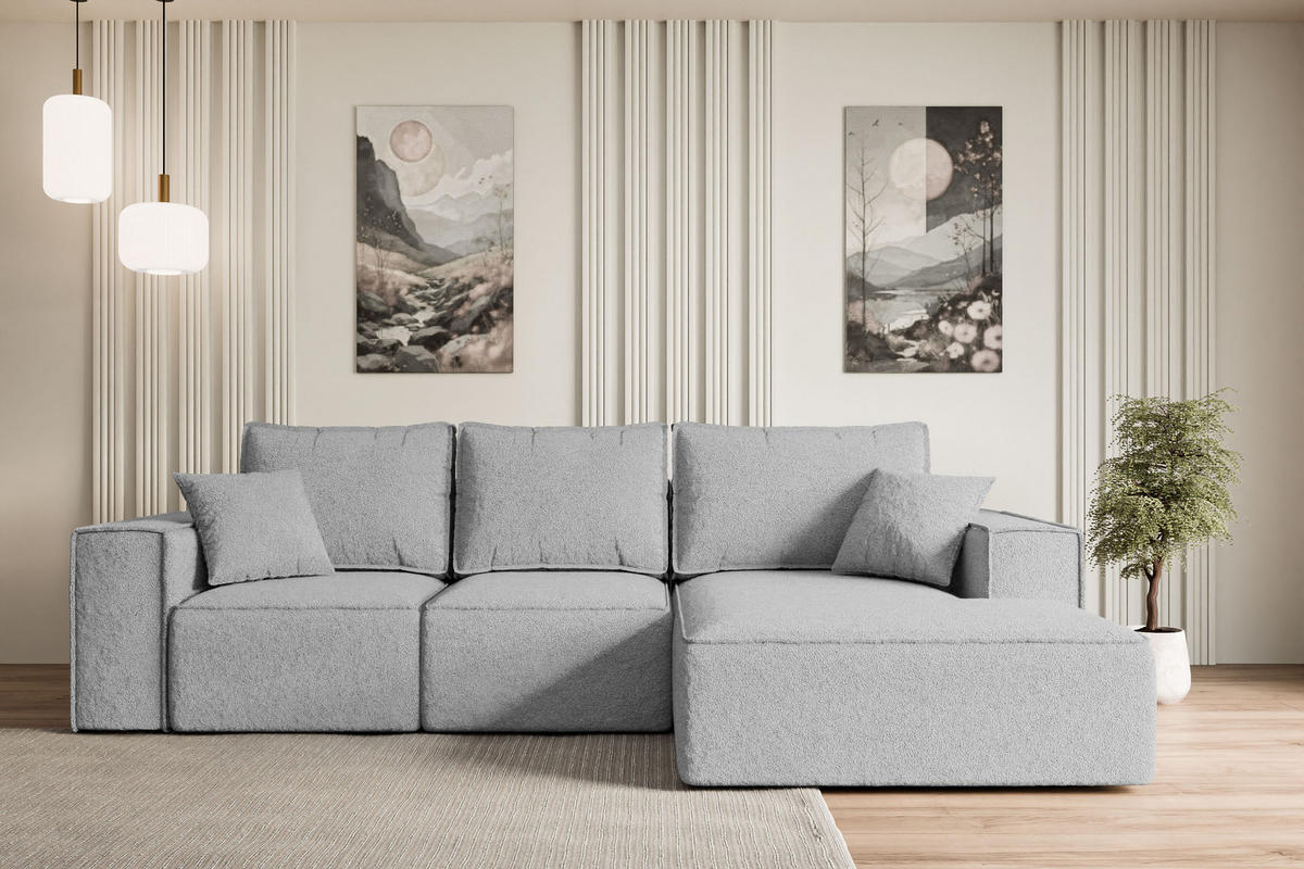 ECKSOFA mit Schlaffunktion und Bettkasten SERRA-L-S - 266x161x87 cm Hellgrau Bouclé - Hellgrau/Schwarz, Holzwerkstoff/Kunststoff (266/161cm) - ALTDECOR