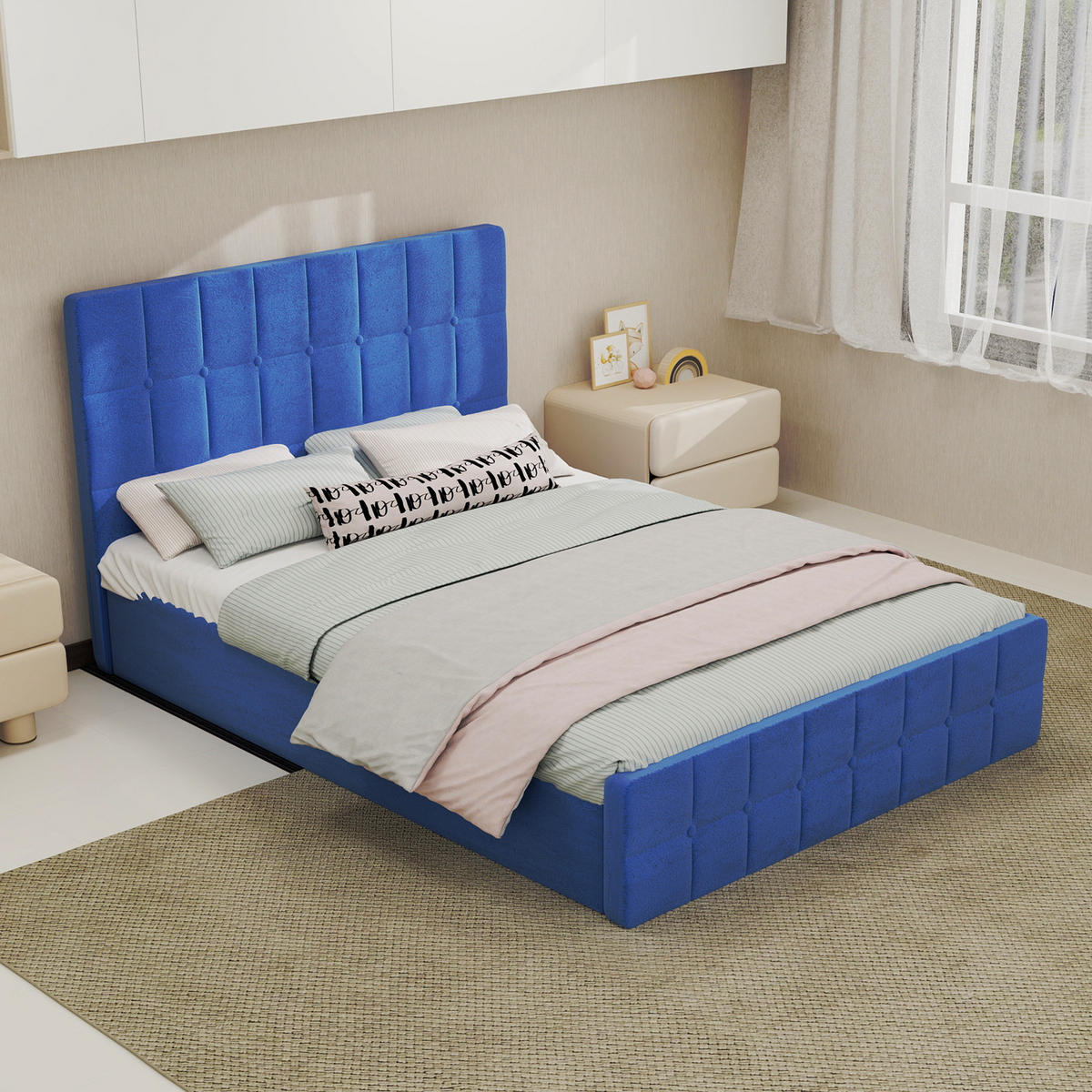 BETT mit Kopfteil 140x200 cm Samt Blau - Blau, Metall (140/200cm) - Meubliv