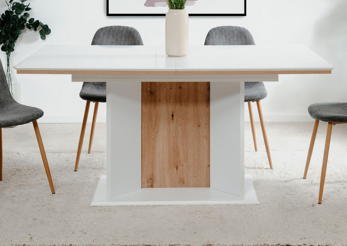 ESSTISCH weiß, Eiche Artisan, Säulentisch ausziehbar 160 - 200 x 90 cm - Weiß/Eiche Artisan, Holzwerkstoff (160/90/76cm) - Furn.Design