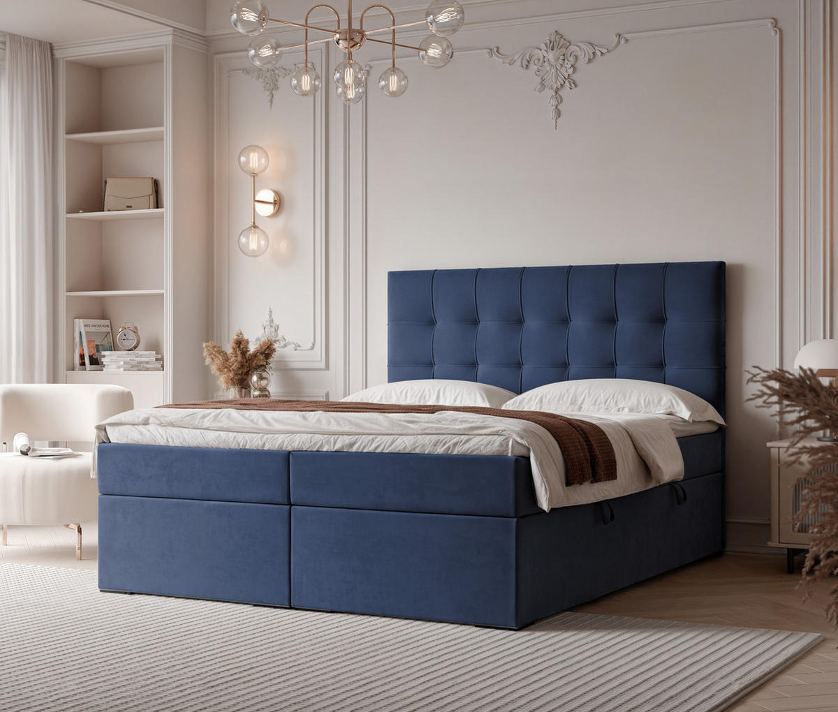 BOXBETT IMPERIAL 160/200 cm, in Marineblau, mit Matratze und Topper - Dunkelblau, Holzwerkstoff/Textil (160/200cm) - Idohome