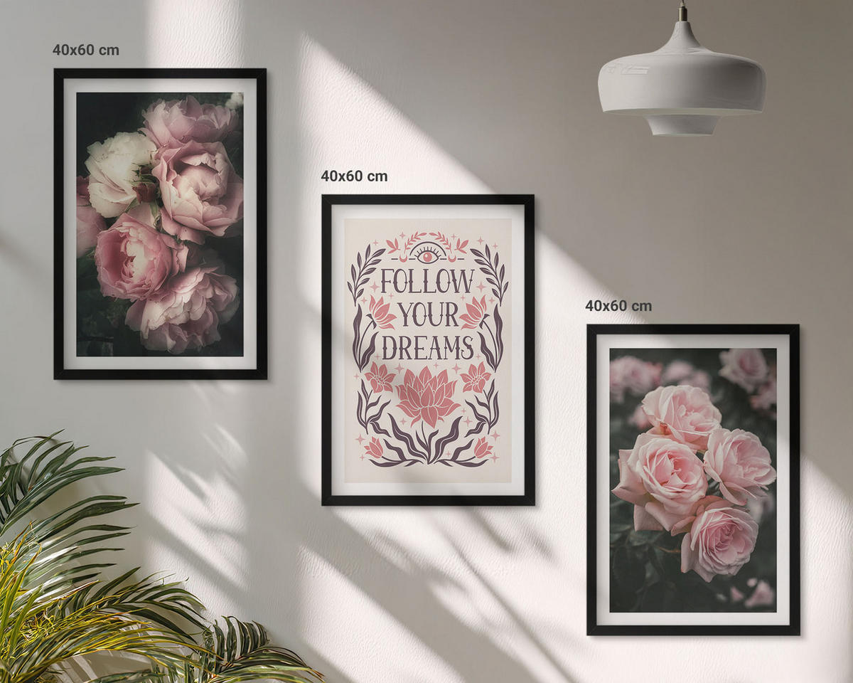 WANDBILDER 3er-Set - 40x60 cm Schwarzer Rahmen - Vintage-Rosenträume-Inschrift - Schwarz, Kunststoff (40/60cm) - ArtPrintCave