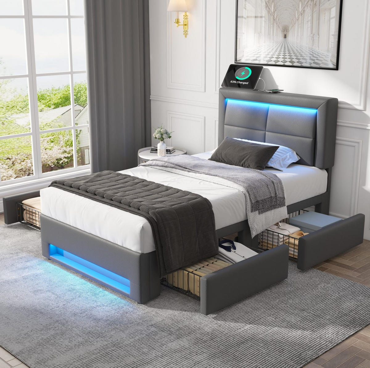 POLSTERBETT 90/200 cm Grau mit USB-Anschluss und LED-Beleuchtung - Grau, Kunststoff (90/200cm) - OKWISH