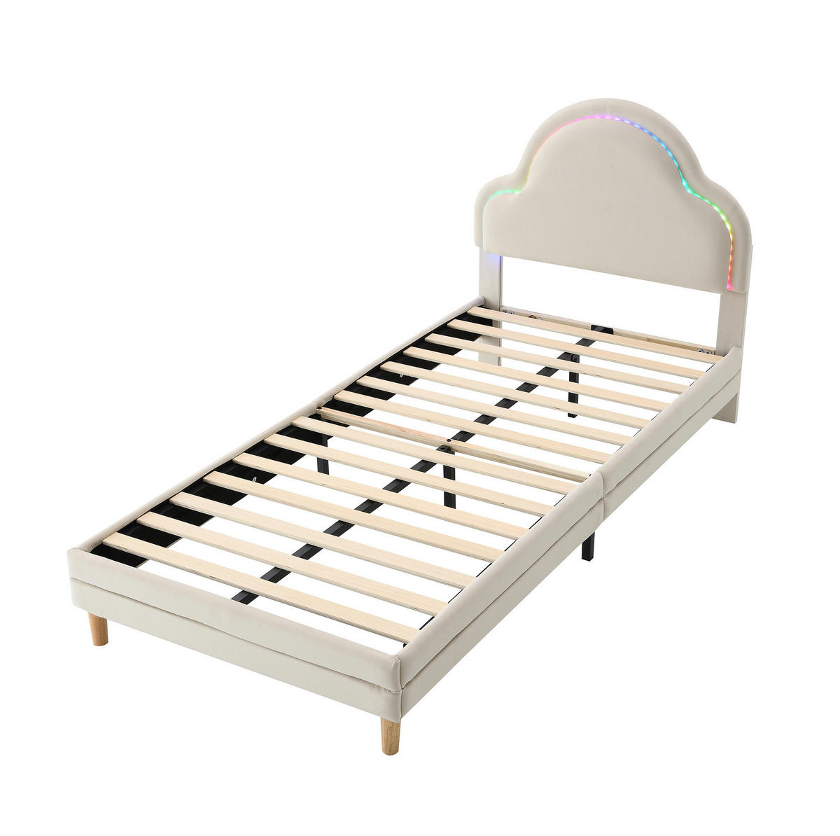 POLSTERBETT 90/200 cm aus Samt in Beige mit LED-Beleuchtung und Wolken-Kopfteil - Beige, Textil (90/200cm) - Flora Grace