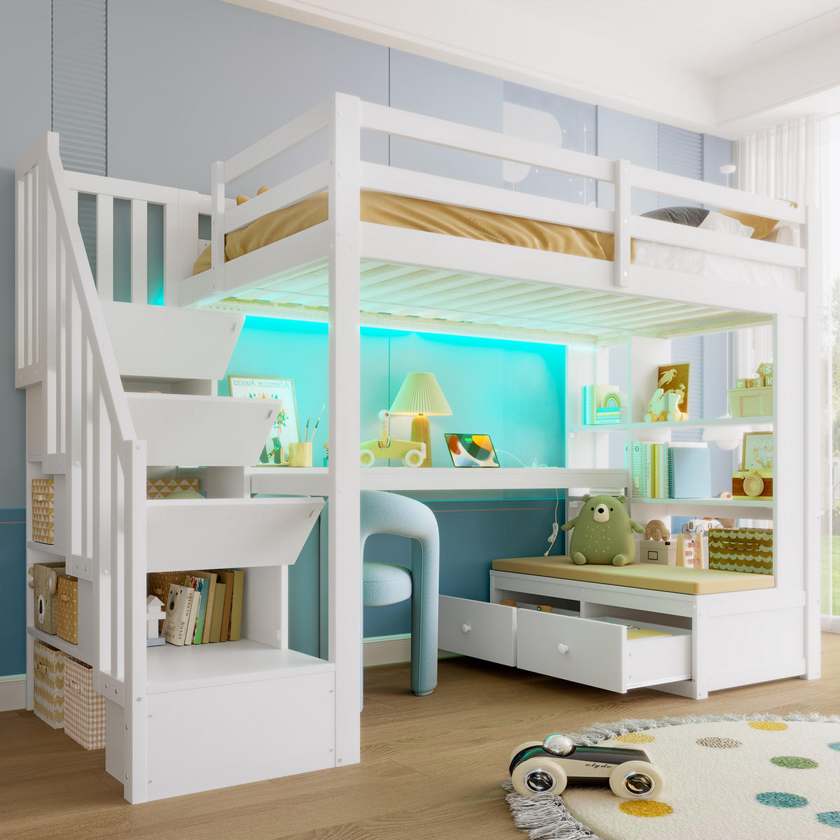 HOCHBETT 90/200 cm weiß aus Kiefer mit Schreibtisch mit Schubladen und Treppe - Weiß, Holzwerkstoff (90/200cm) - OKWISH