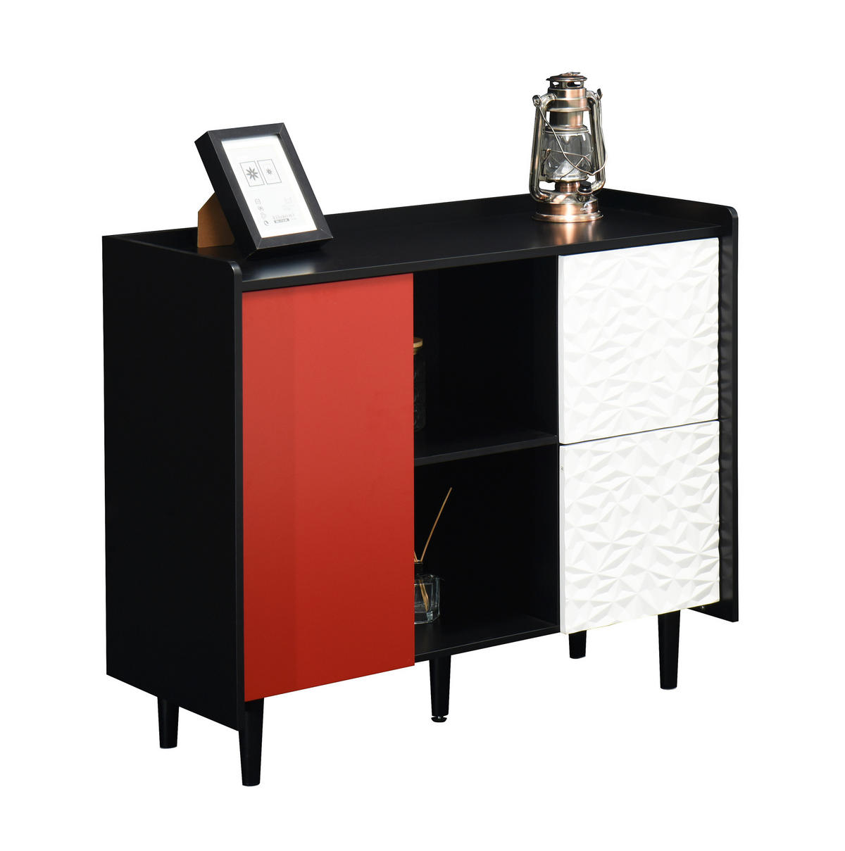 SIDEBOARD 90/40/80 cm schwarz-rot aus MDF mit 2 Schubladen und offenen Fächern - Schwarz, Holzwerkstoff (90/80/40cm) - OKWISH
