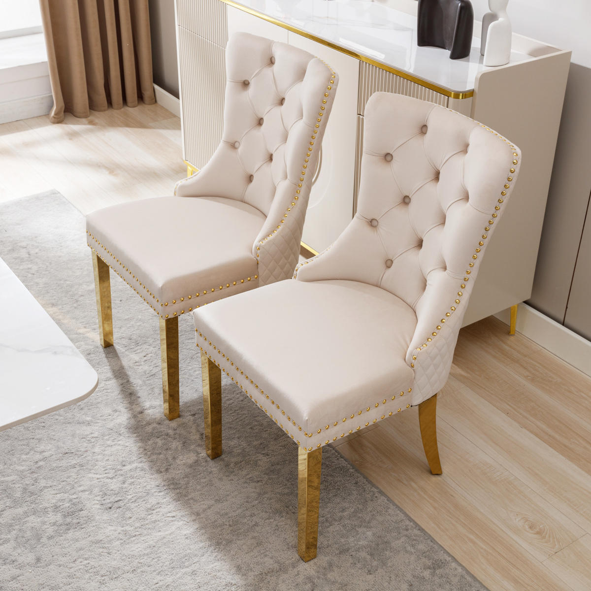 ESSZIMMERSTUHL 2-Tlg Samt Beige Gold, Nagelkopf, Gold Beine - Beige, Textil (50.5/95/45cm) - FLIEKS
