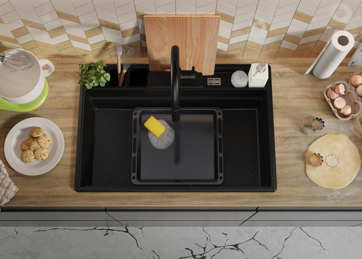 SPÜLBECKEN New York, 2-er set Schwarz Metallic 78/53 cm 1 Becken + Ablauf-Set + Küchenzubehörset ab 80er Unterschrank - Chromfarben/Schwarz Hochglanz, Kunststoff (78/20/53cm) - Primagran