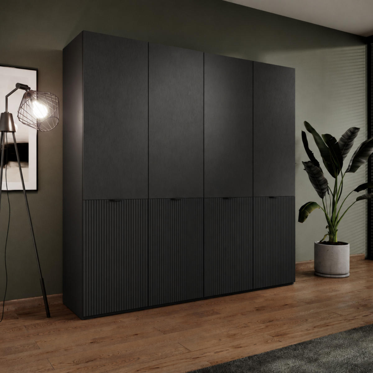 KLEIDERSCHRANK ZEN (Modular, Schwarz Matt, Rillenfront, 4-türig) - Schwarz, Holz/Holzwerkstoff (202/200/51cm) - Ravio